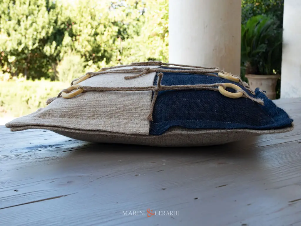 Cuscini Arredamento Juta Corda Anelli Legno CC017 Blu