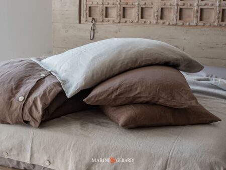 Federe Guanciali Letto Matrimoniale Tessuto Lino Prelavato Castagno Perla