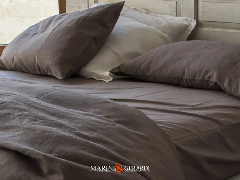 Lenzuola Letto Federe Matrimoniale Tessuto Lino Prelavato Castagno