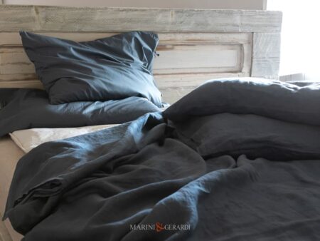 Lenzuola Letto Federe Tessuto Lino Prelavato Petrolio