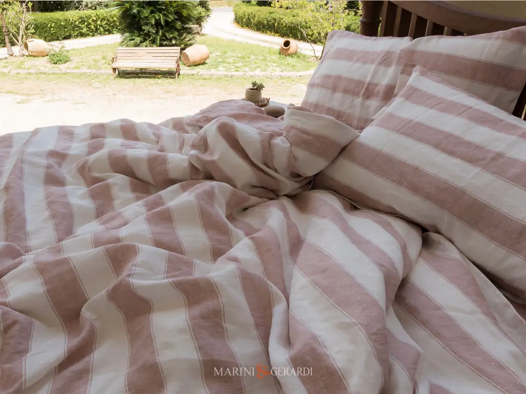 Lenzuola Letto Matrimoniale In Lino Righe Vino Rose