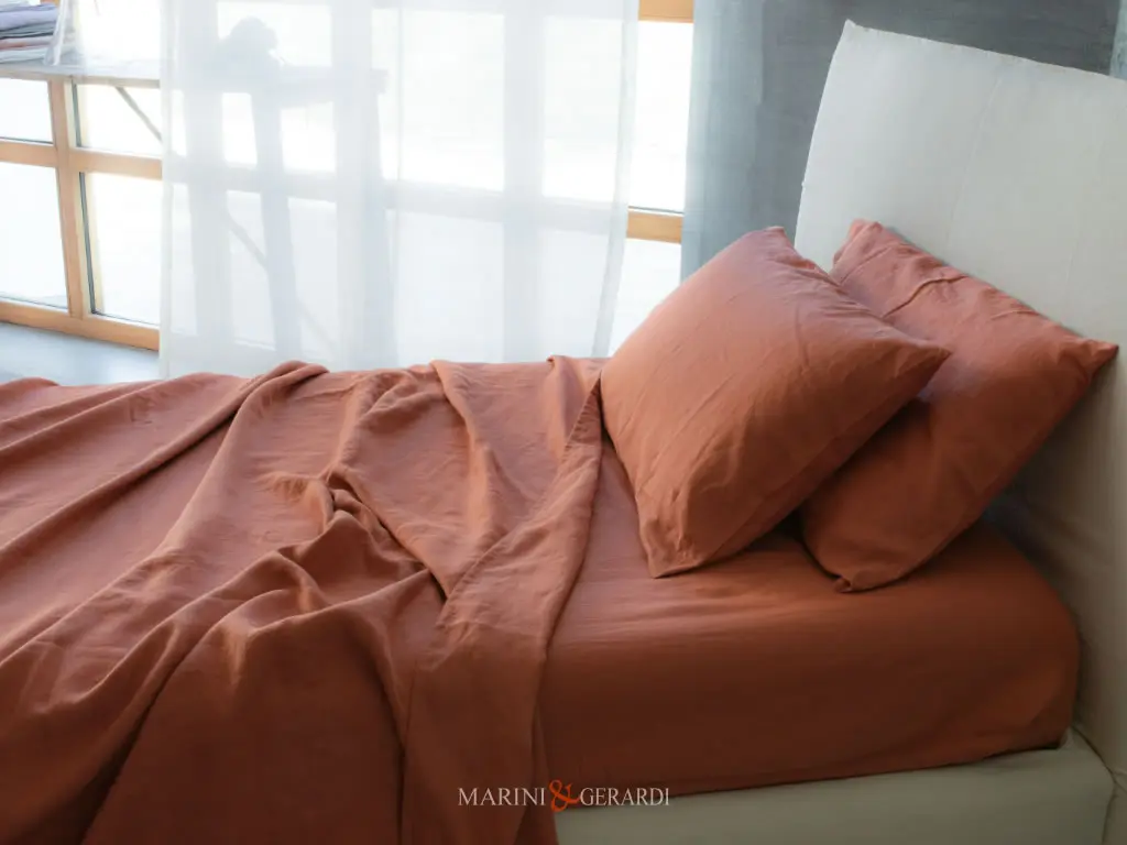 Lenzuola Letto Singolo Rosso Mattone In Lino Prelavato Stone Washed