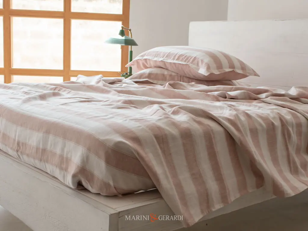 Lenzuola Letto Una Piazza E Mezza O Matrimoniale In Lino Righe Vino Rose
