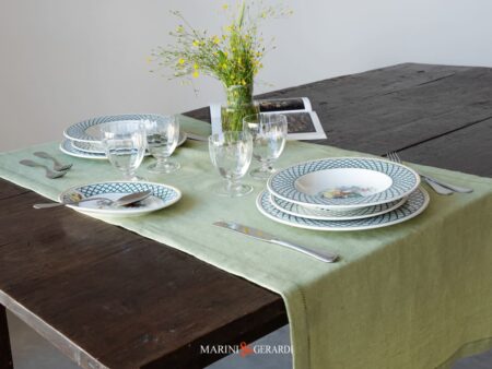 Runner Tessuto In Lino Colore Pistacchio Bordo Zig Zag Barcellona