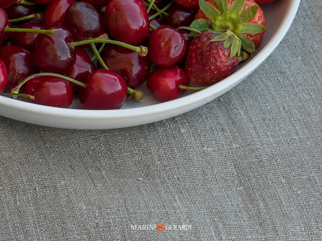 Stoffa Lino Rustico Naturale Per Tovaglie Con Ciliegie