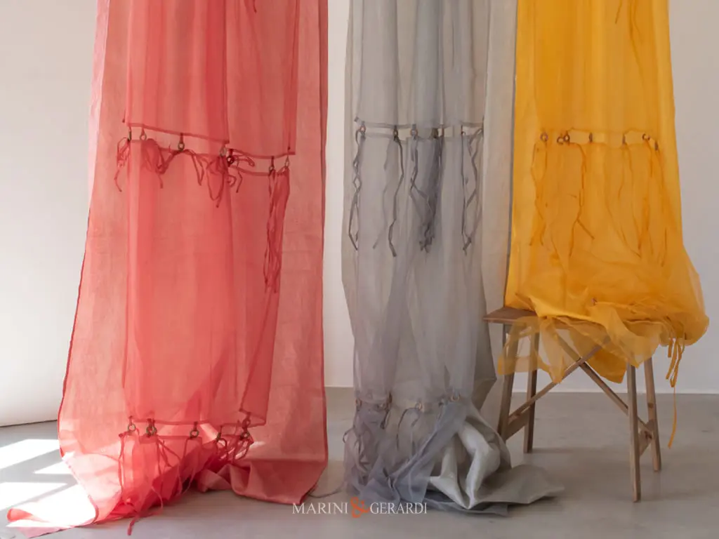 Tende Organza Voile Doppio Telo Rosa Antico Grigio Giallo Con Anelli Legno