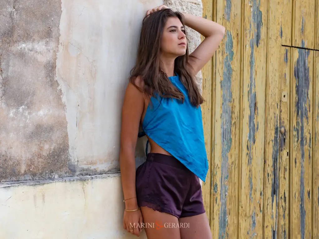 Top Donna Seta Giorno Sera Moda Italia Shantung Turchese