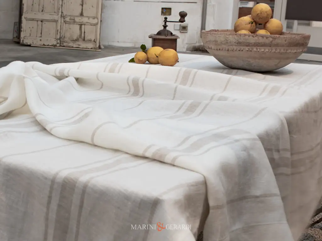 Andalusia Tovaglia Lino Naturale A Righe Panna Ecru