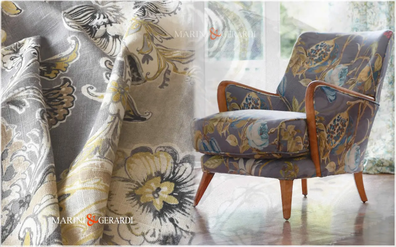 Poltrona con tessuto di lino Fiori Botticelli Primavera Grigio