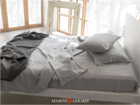 Set Lenzuola Letto In Lino Stropicciato Cenere Federe Cuscini 04