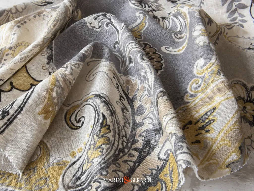 Lino Stampato Metraggio Grigio Primavera Fiori Botticelli