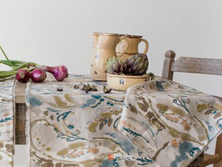 Runner Tavolo Moderno In Tessuto Lino Viscosa Fiori Design Azzurro Verde