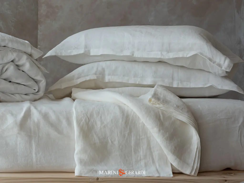Set Lenzuola Letto Federe In Lino Acaya Bianco Stropicciato