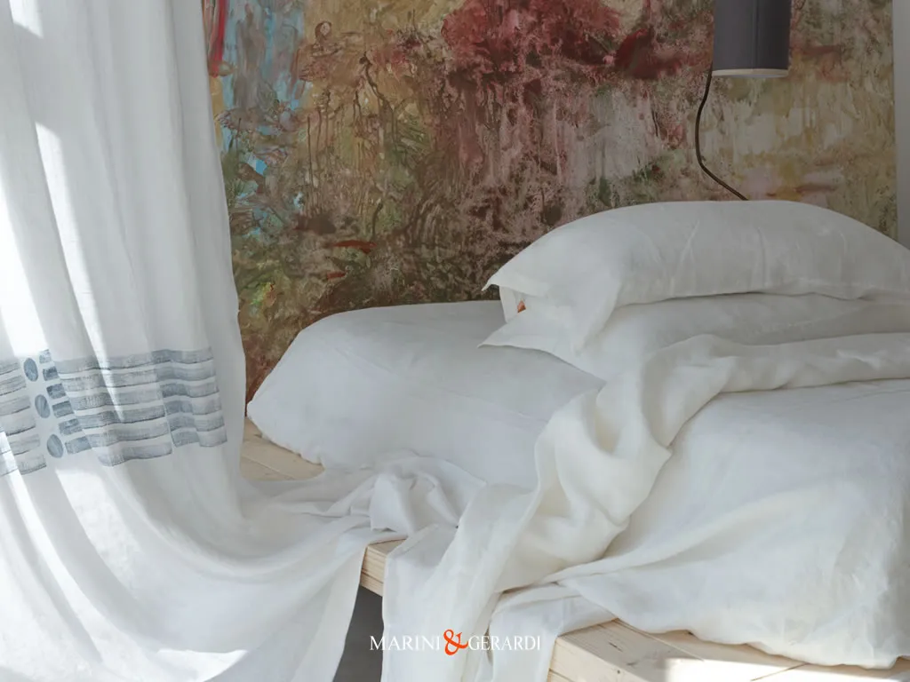 Tenda Interni Design Moderno Con Anelli Asole Lino Bianco Blu