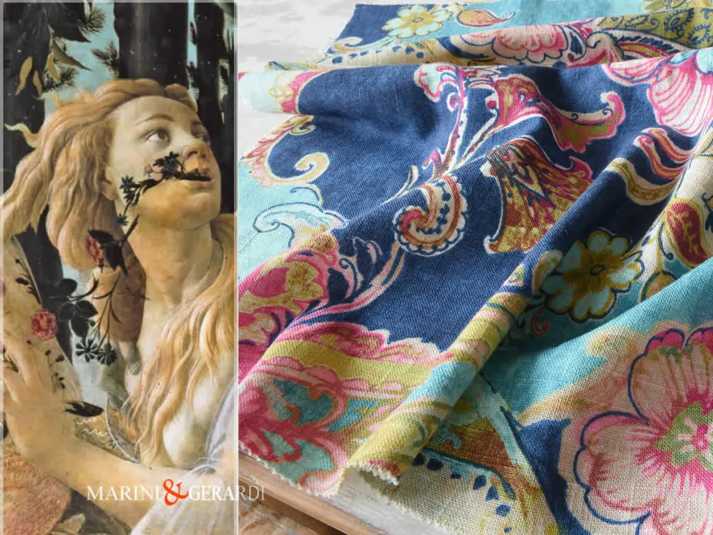 Tessuto Lino Con Fiori Blu Celeste Primavera Del Botticelli