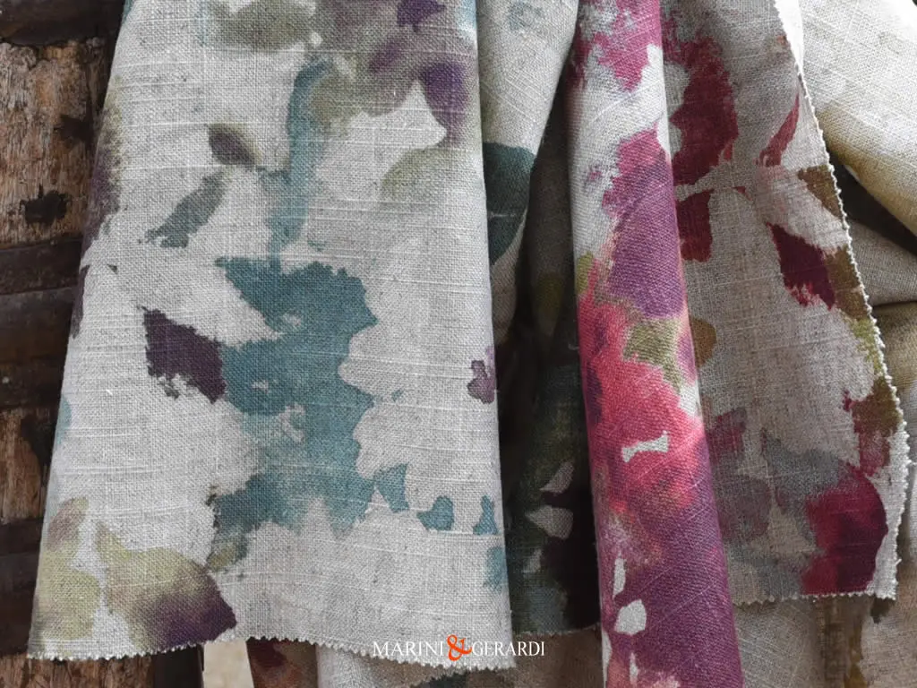 Tessuto Lino Viscosa A Metraggio Colori Fiori Di Mare Per Tende e Tappezzeria