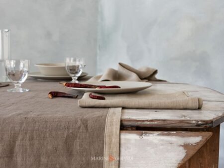 Runner Da Tavolo Tovagliette Americane In Lino Tabacco Caffe Latte Con Bordo