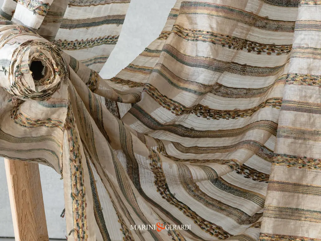 LEUCA - Tessuti in seta per arredamento A Righe Verde Argento Giallo