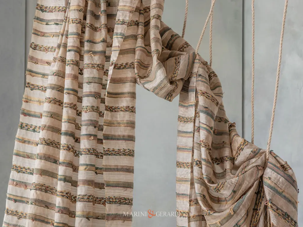 Tessuto Organza Di Seta Per Tende Righe Verde Argento Giallo