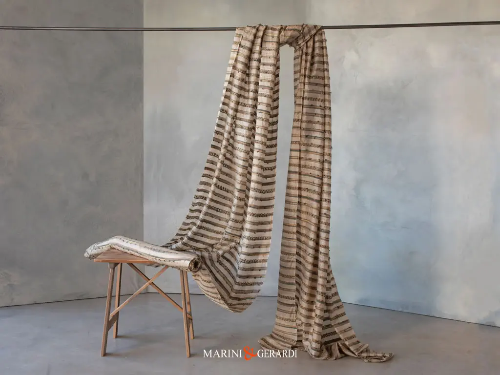 Tessuto Per Tende In Pura Seta A Righe Verde Argento Giallo