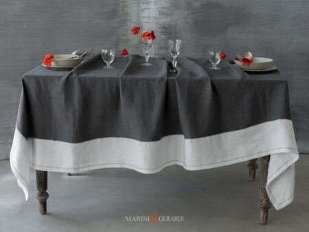 Tovaglia Lino Italiano Con Tovaglioli Grigio Antracite Bordo Bianco Diana