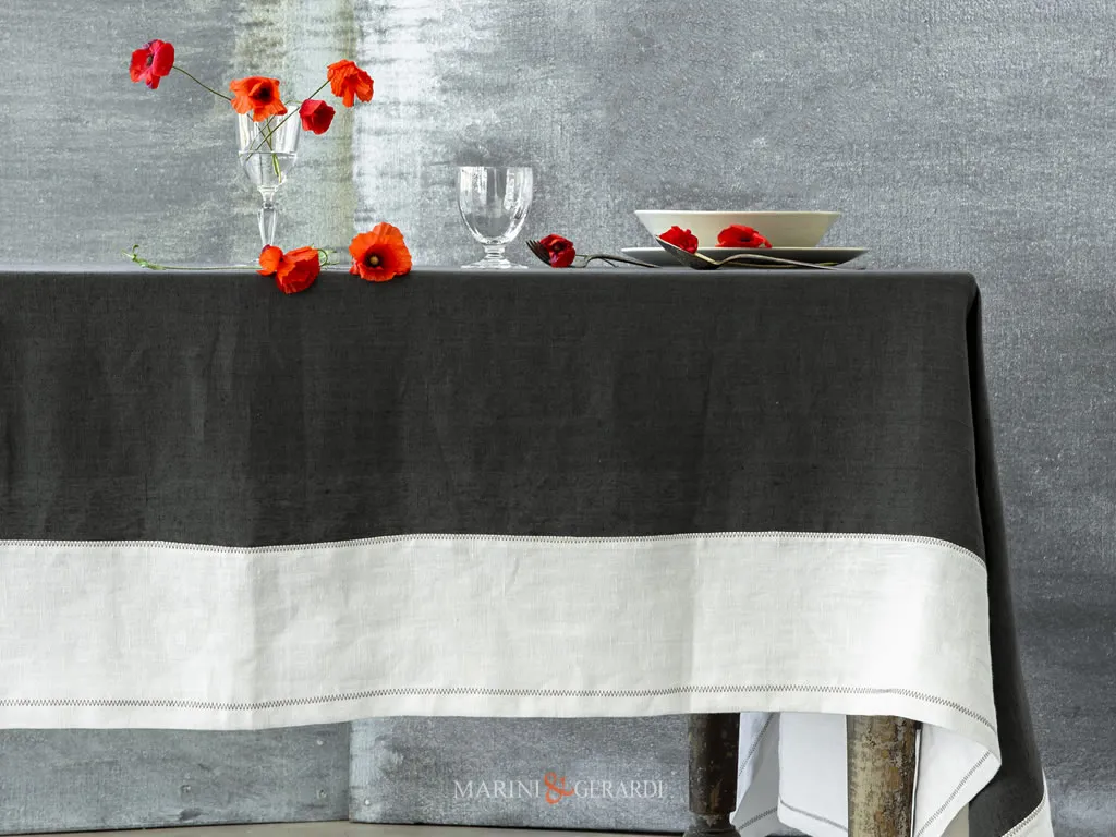 Tovaglia Moderna Lino Grigio Antracite Bordo Bianco Ricamo Zig Zag