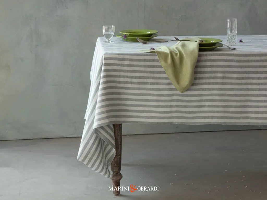 Tovaglia Moderna Elegante Rigata In Lino Bianca Grigia Cycas