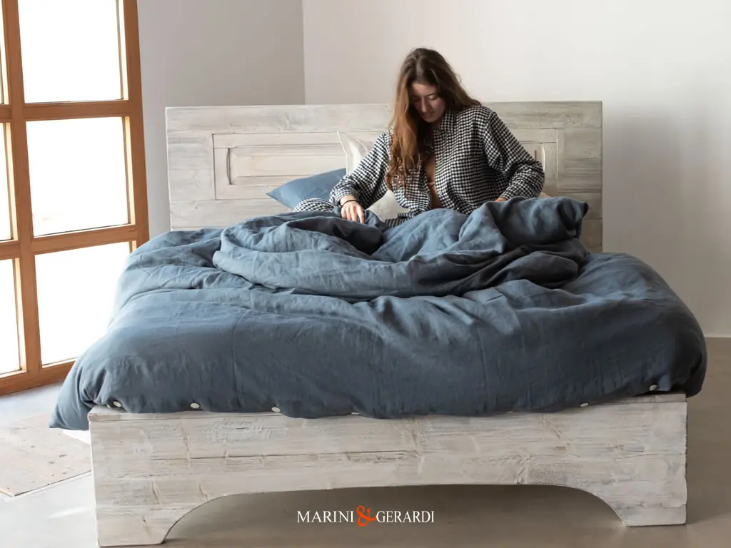 Completo Letto Matrimoniale In Lino Blue Con Copripiumino