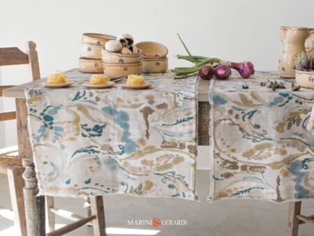 Runners Tavolo Di Lino Con Fiori Moderni Panna Azzurro