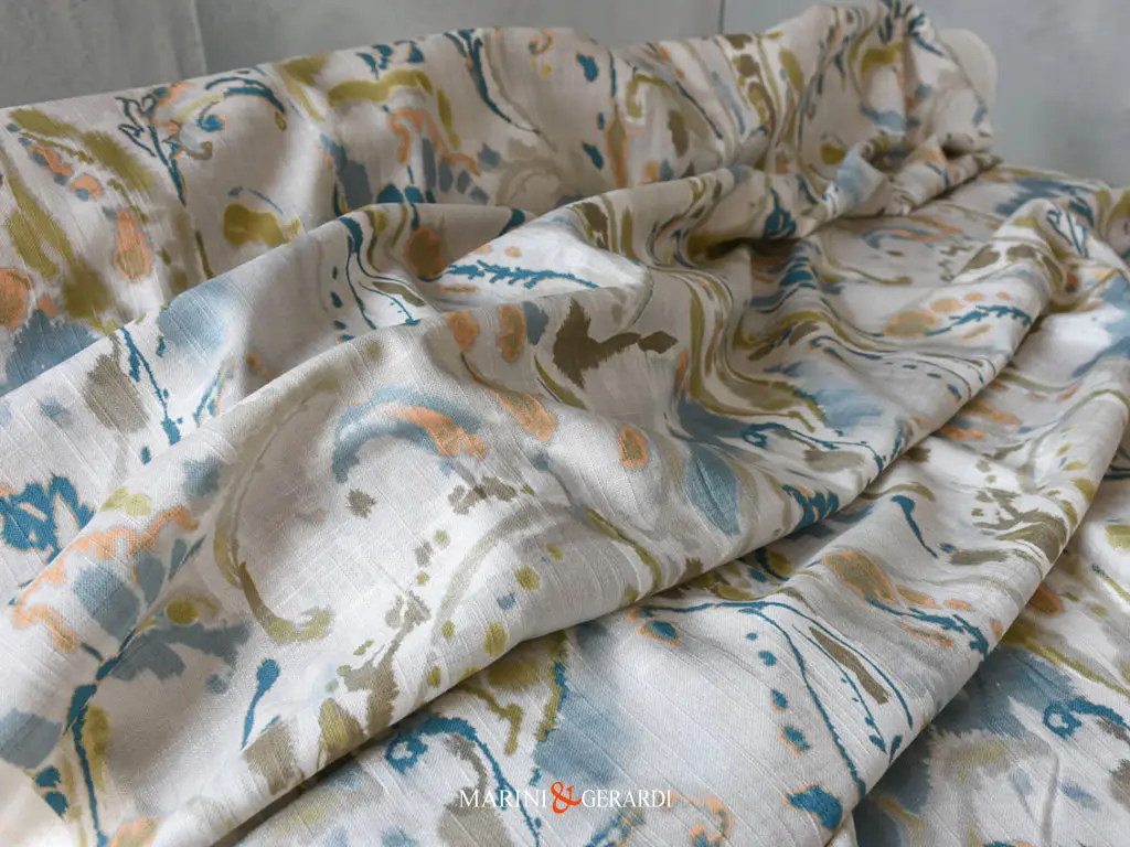 Tessuti Provenzali Lino Design Guache Fiorira Un Giardino Azzurro Su Panna