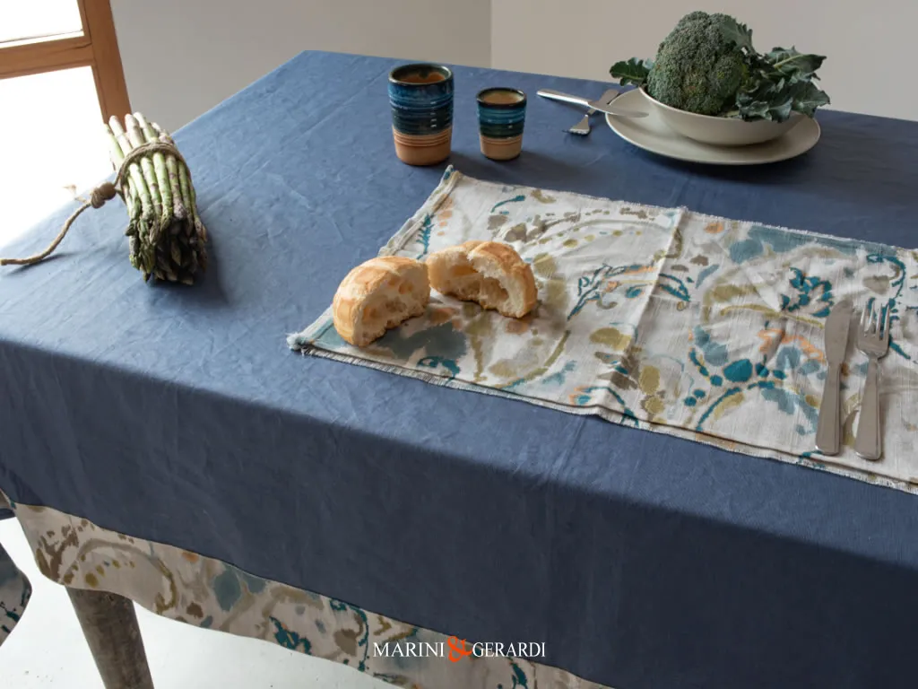 Tovaglia Antimacchia Resinata Tinta Unita Blu Pervinca Bordo Fiori
