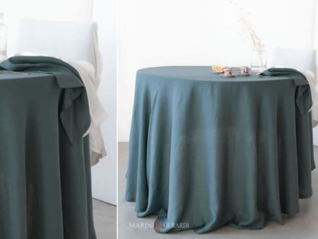 Tovaglia Rotonda Con Tovaglioli In Lino 40x40 Verde Petrolio