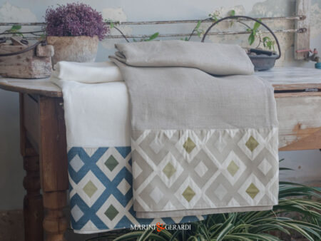 Tovaglie Da Tavola Moderne Deco Puro Lino Bordo Ecru Blu