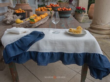 Tovaglie Stile Shabby Online Lino Base Bianca Con Balza Blu
