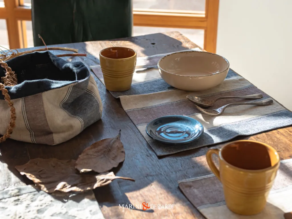 Porta Pane Biscotti Tovaglietta Colazione Jaquard In Misto Lino Bambu Righe