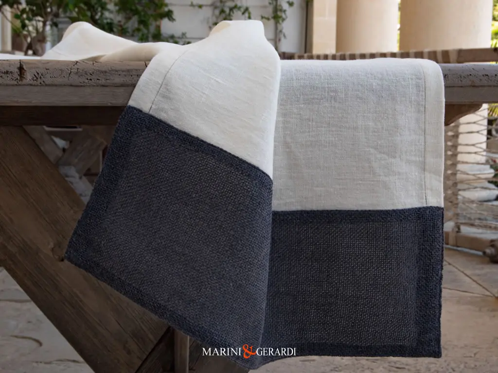 Runner Tavola Lino Bianco Bordo Blu Jeans