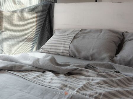 Biancheria Letto In Lino Federe Guancialii A Righe Cenere