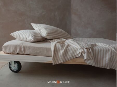 Biancheria Letto - SAHARA Set Lino - Lenzuolo Sopra a Righe, Lenzuolo Sotto Tinta Unita + federe