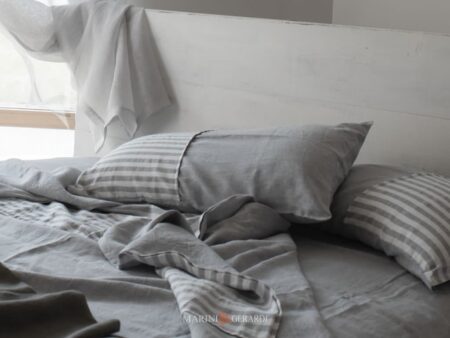 Federe Cuscini Letto In Lino Con Applicazioni A Righe Grigio Cenere