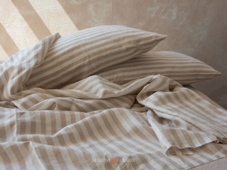 Lenzuola Letto Lino Rigato Stretto Guanciali Cappuccino Sahara