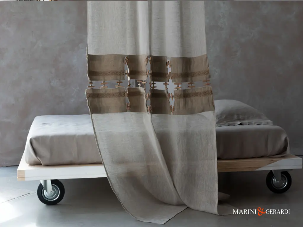 Tenda Lino Canapone Shabby Chic Con Passamaneria Juta Corda