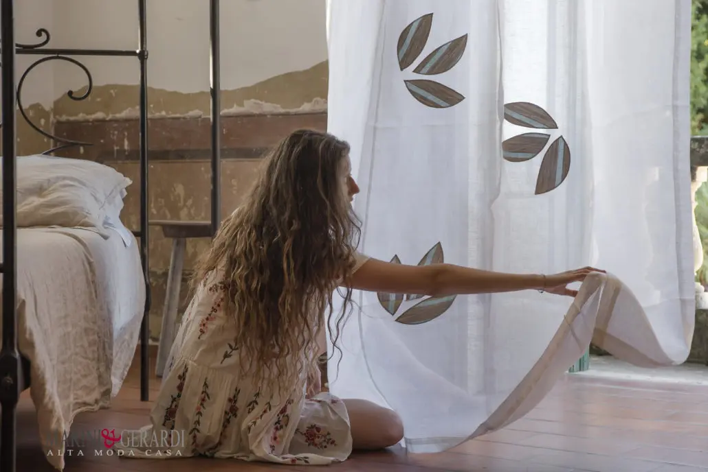 collepasso tenda per stanza da letto puro lino con foglie