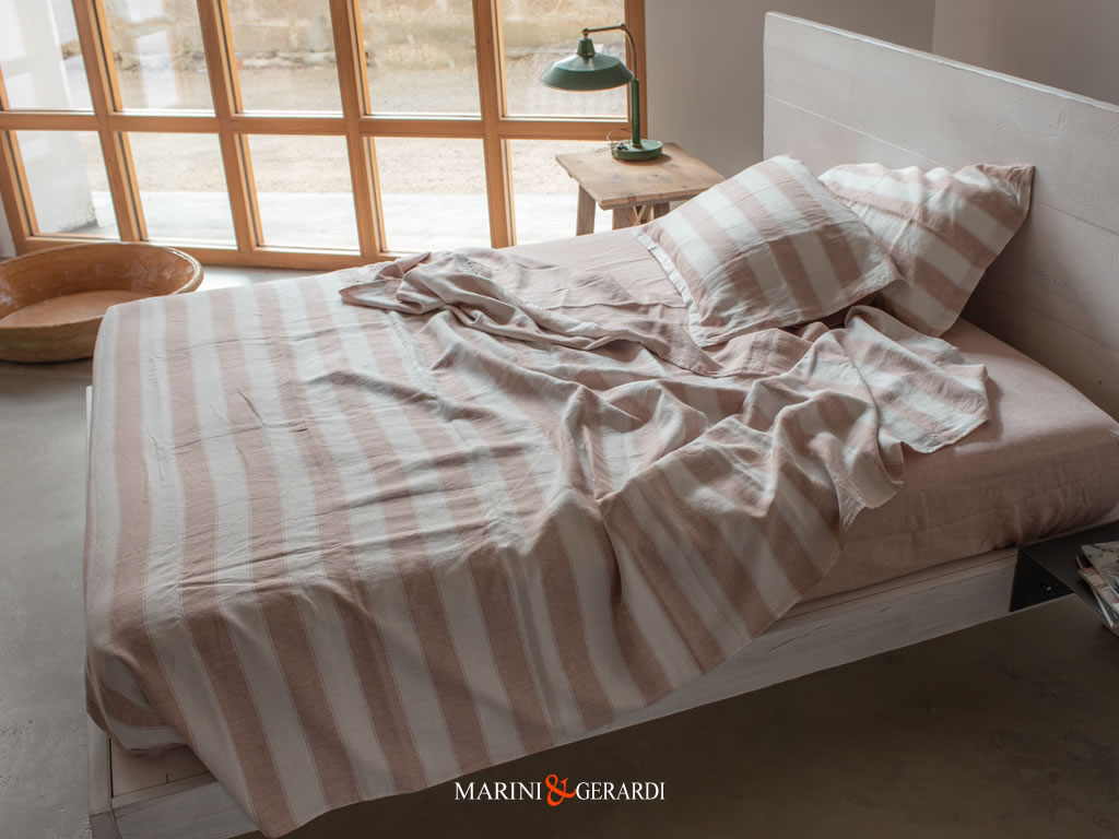 set biancheria letto lino a righe vino rose professionale