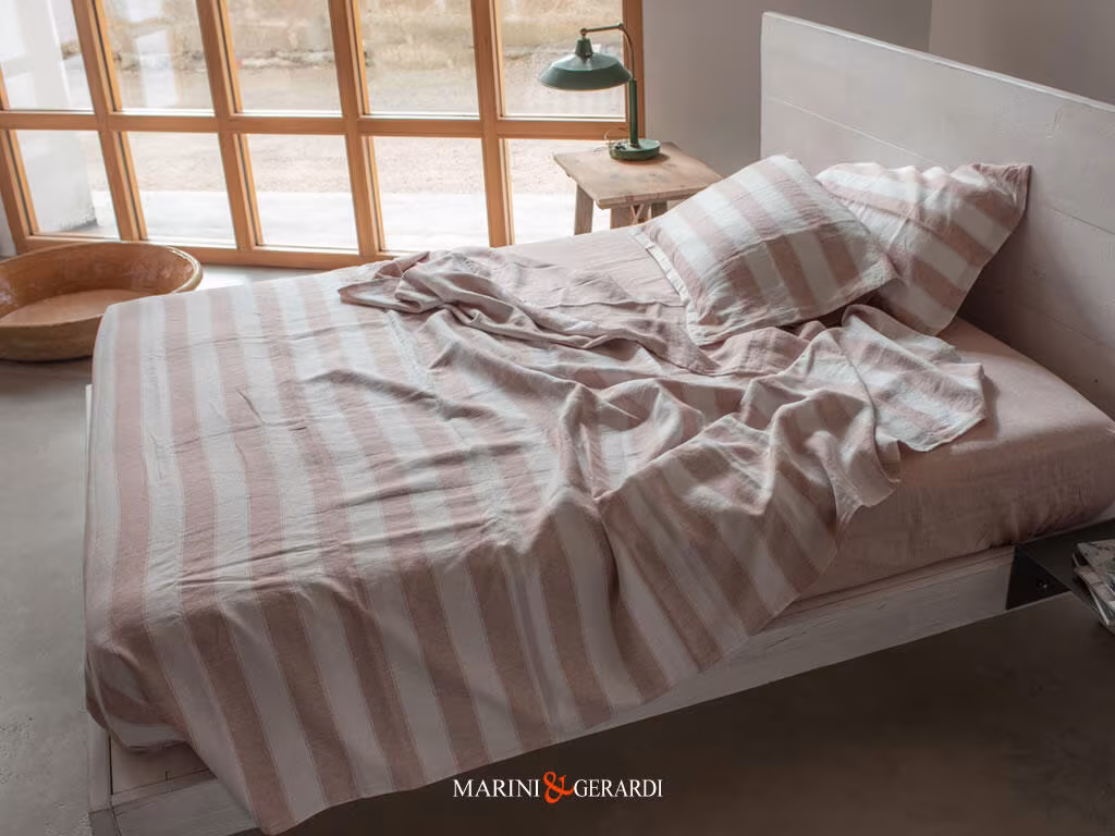 set biancheria letto lino a righe vino rose professionale