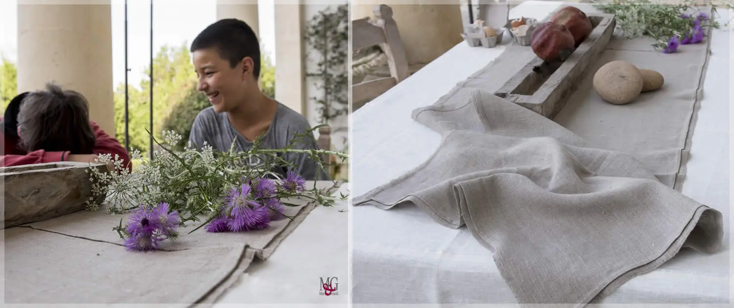 tovaglia lino bianca classica con tovaglioli e runner