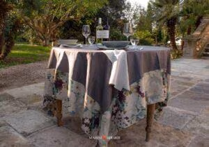 tovaglia rotonda antimacchia in blu tessuto lino idrorepellente