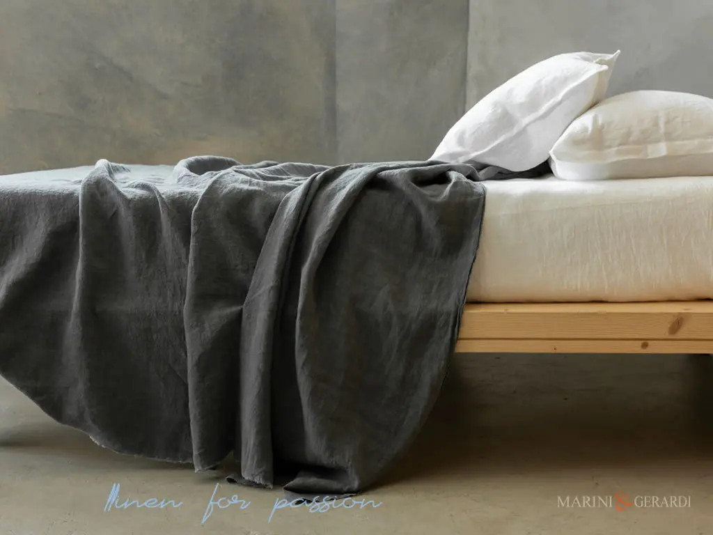 completo lenzuola letto in lino stropicciato bianco antracite