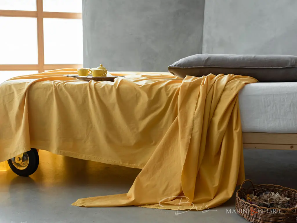 set lenzuola letto matrimoniale cotone stropicciato senape bianco