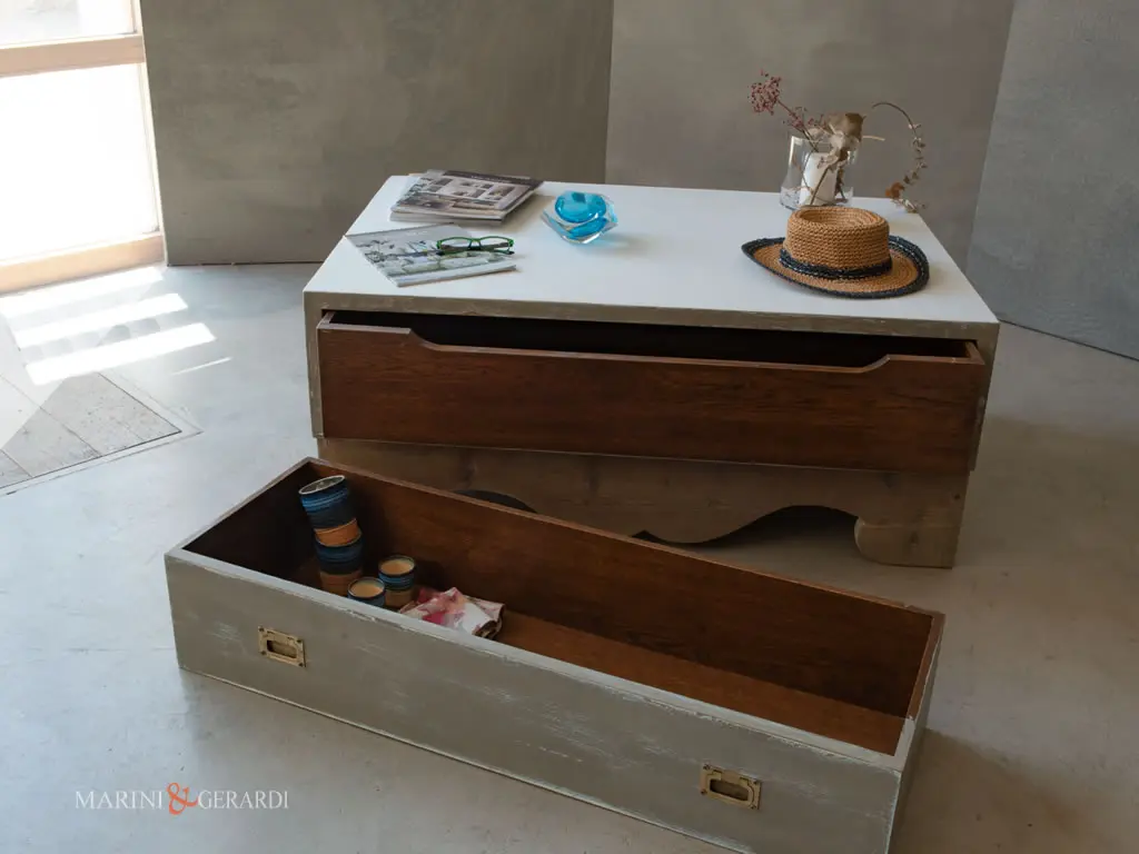 tavolo basso contenitore con doppio cassetto nascosto