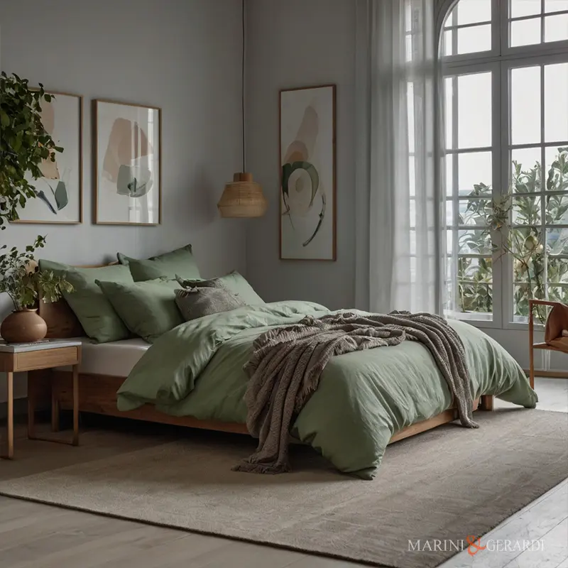 Lenzuolo matrimoniale verde in lino o cotone stropicciato